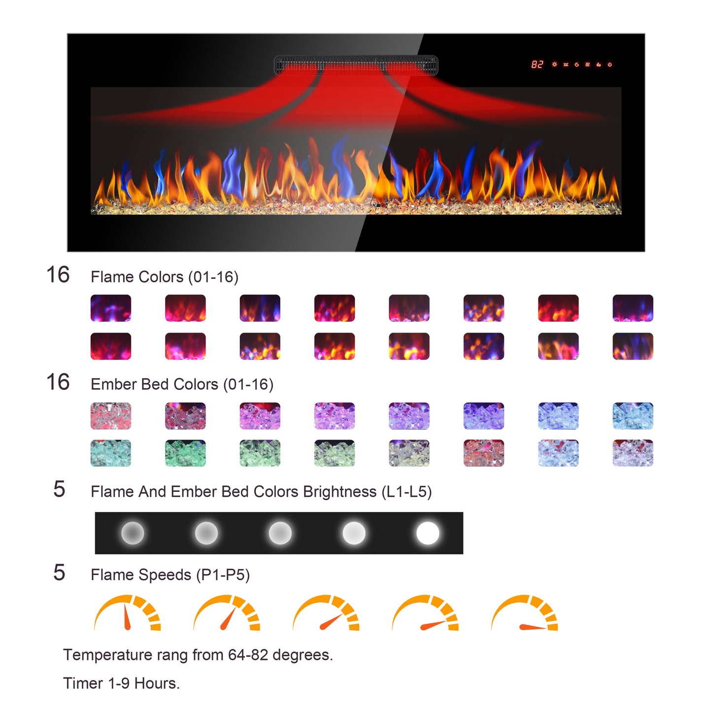 42 inch recessed ultra thin tempered glass front wall mounted electric fireplace with remote and multi color flame & emberbed, LED light heater