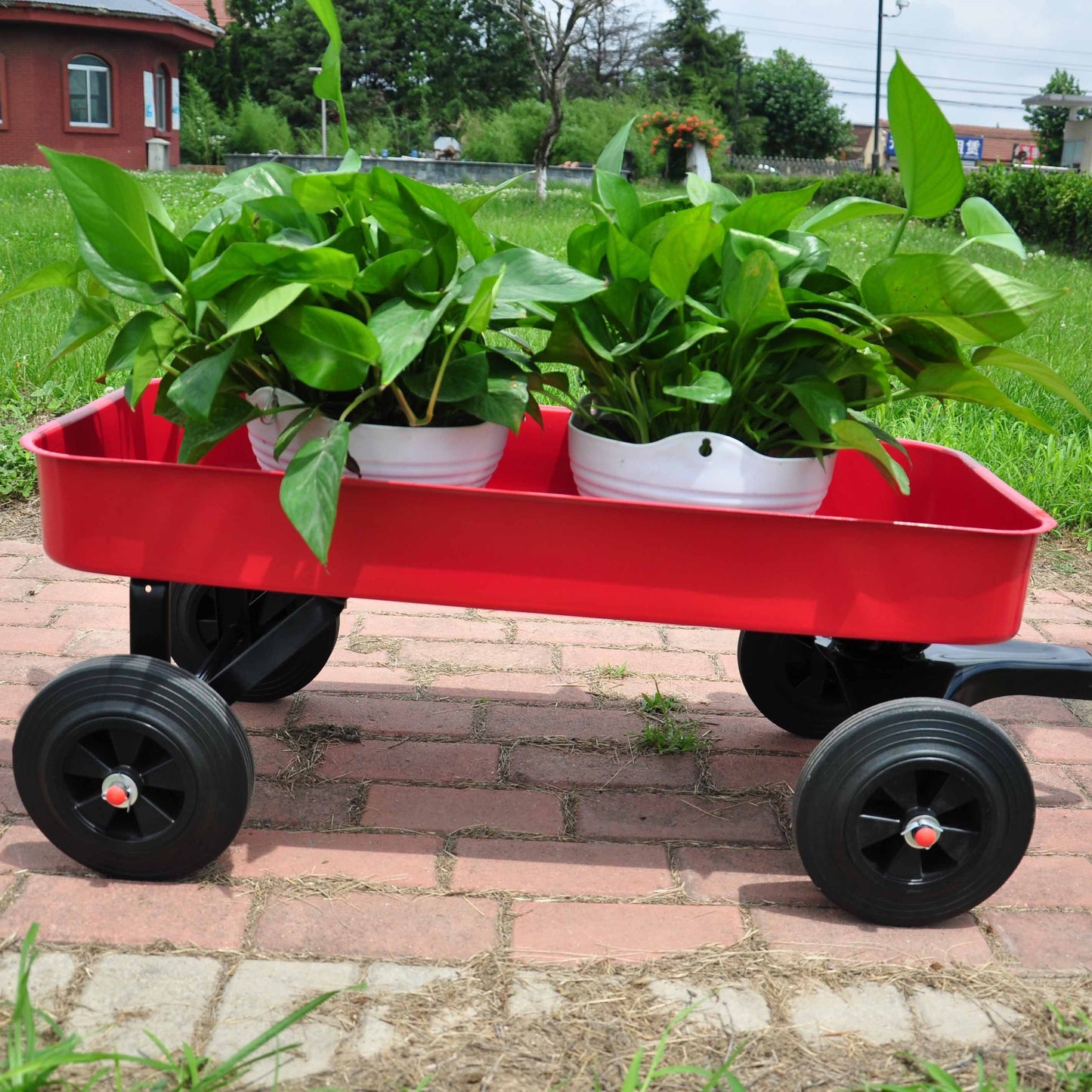 Garden cart Reuniong  Railing,  solid Wheels, All Terrain Cargo Wagon with 280lbs Weight Capacity, Red