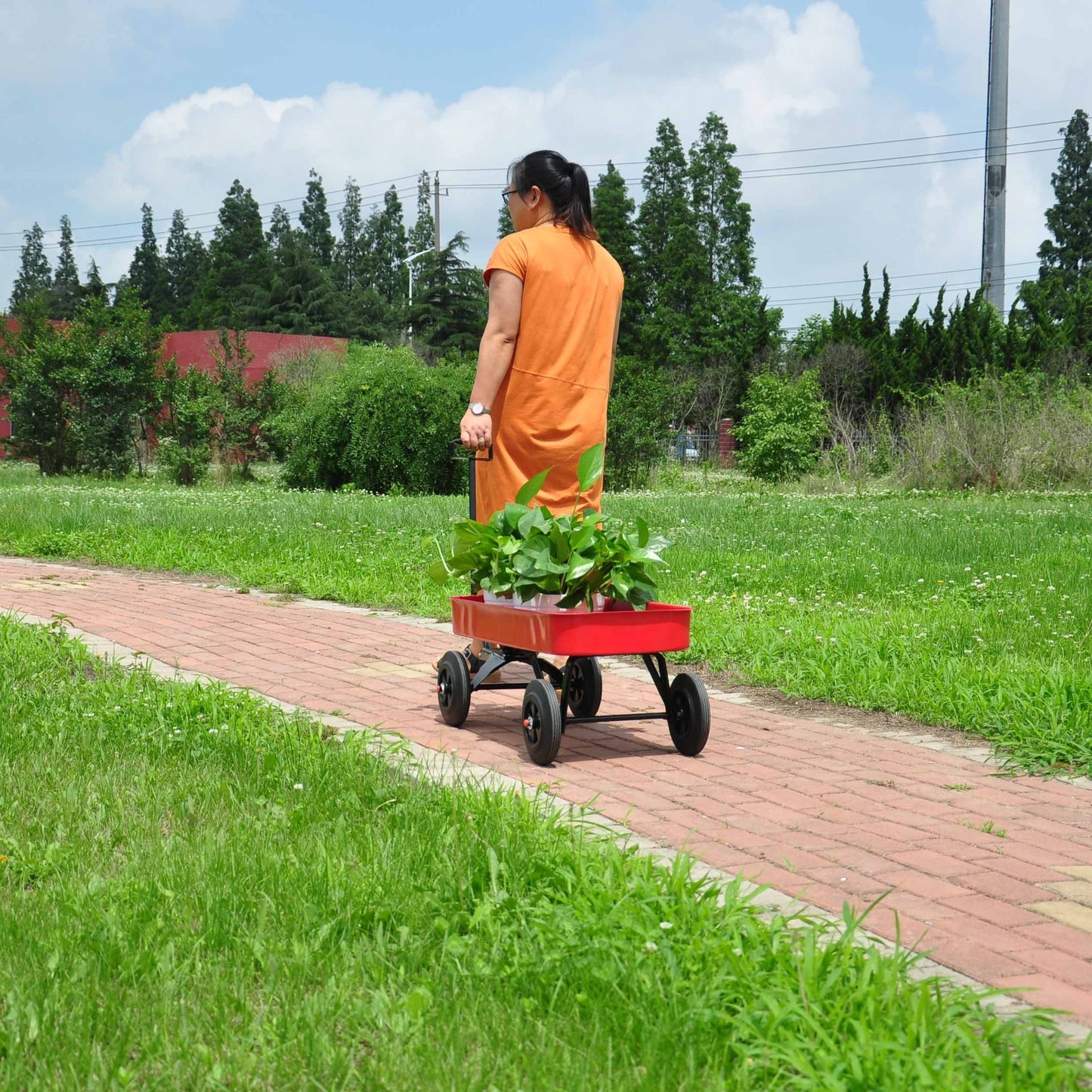 Garden cart Reuniong  Railing,  solid Wheels, All Terrain Cargo Wagon with 280lbs Weight Capacity, Red