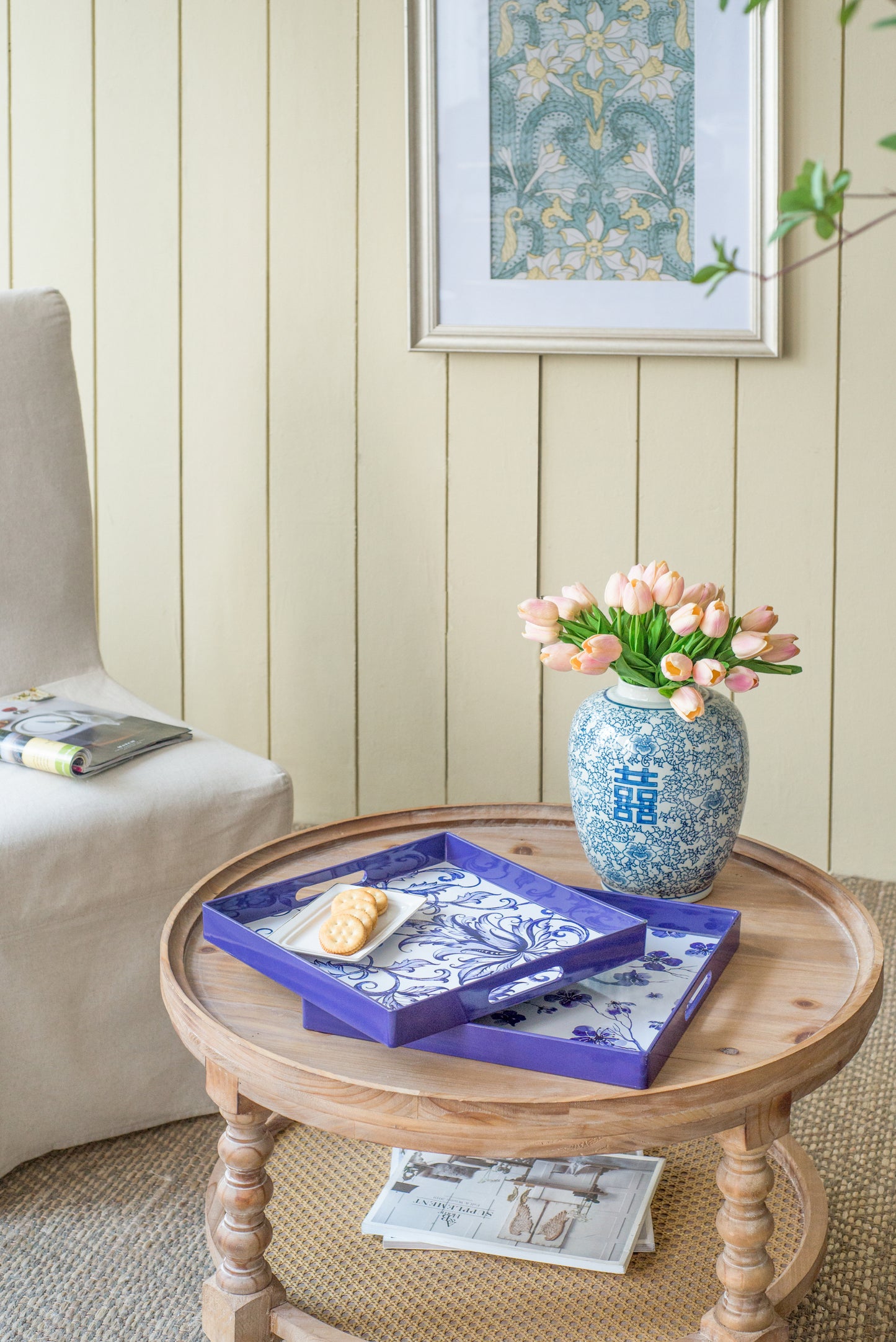 Set of 2 Decorative Trays with Floral Painting, Blue Serving Tray with Handles