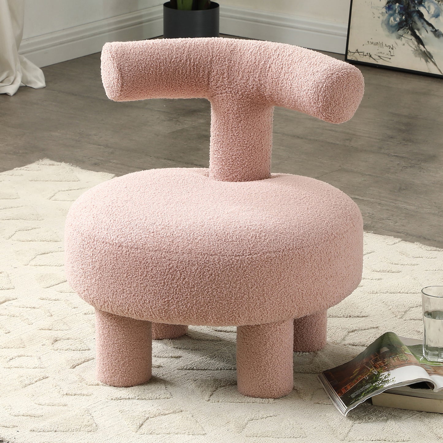 24.4" Width Modern Sherpa Fabric Chair Upholstered Creative Ottoman Pouf Fuzzy Sofa Footrest Stool Reading Chair Kids Furniture Chair