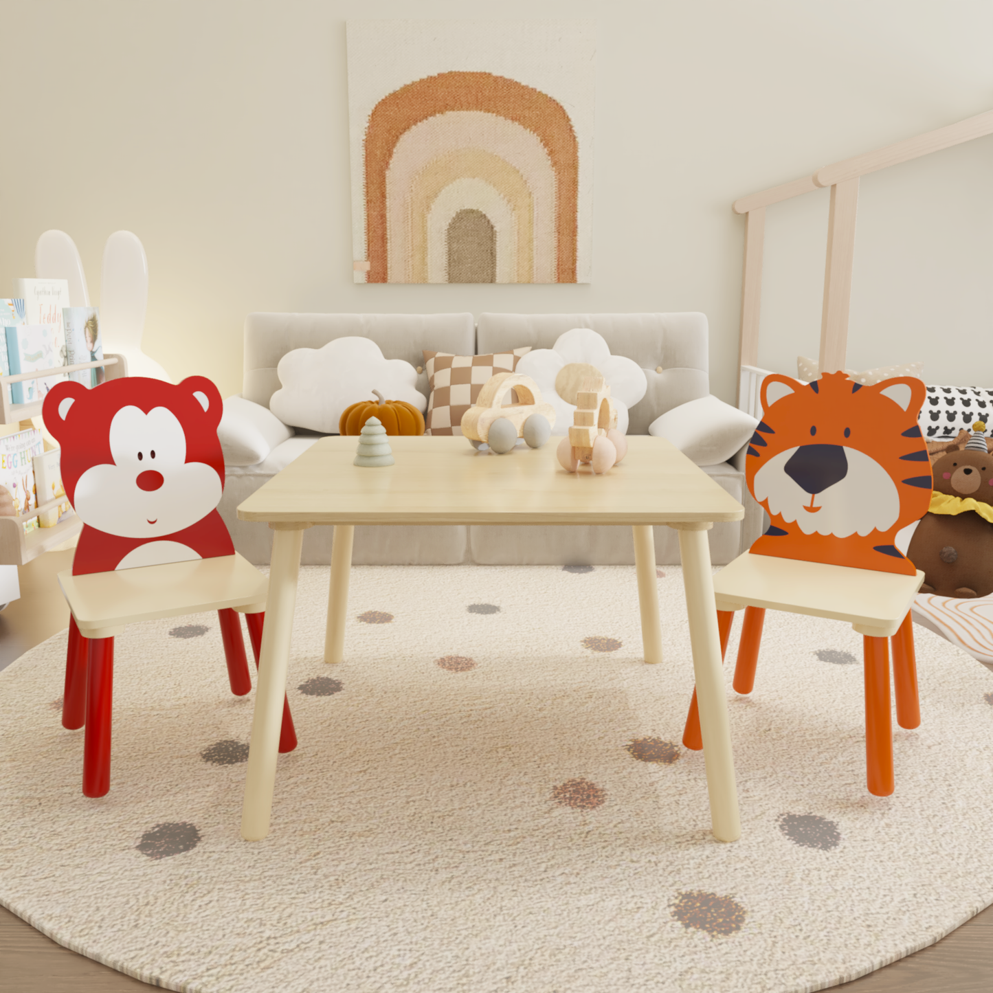 Kids Table and 2 Chairs Set, 3 Pieces Toddler Table and Chair Set, Wooden Activity Play Table Set (Bear&Tiger)