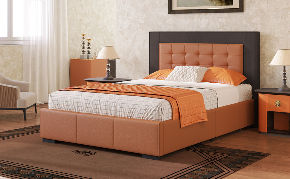 Modern Style Upholstered Queen Platform Bed Frame with Four Drawers, Button Tufted Headboard with PU Leather and Velvet, Two Color, Orange and Brown