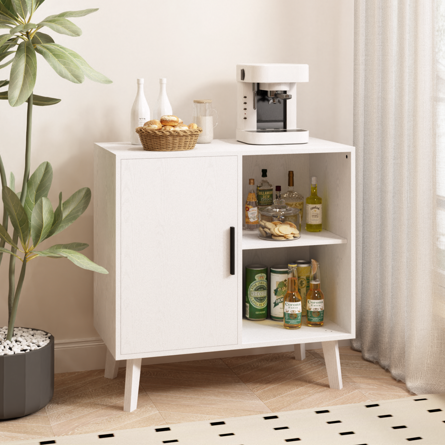 Wood Storage Cabinet, Modern Accent Buffet Cabinet, Free Standing Sideboard and Buffet Storage with Door and Shelves, Buffet Sideboard for Bedroom, Living Room, Kitchen or Hallway (White)