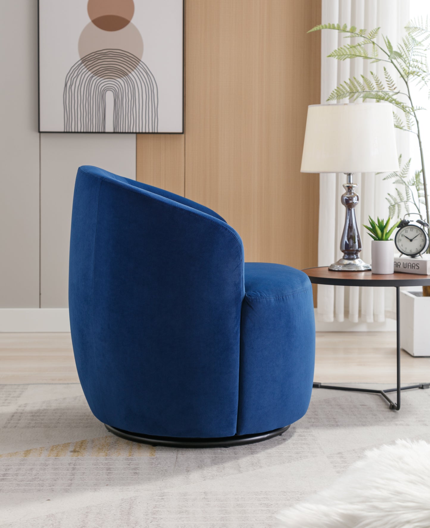 Velvet Fabric Swivel Accent Armchair Barrel Chair With Black Powder Coating Metal Ring,Blue