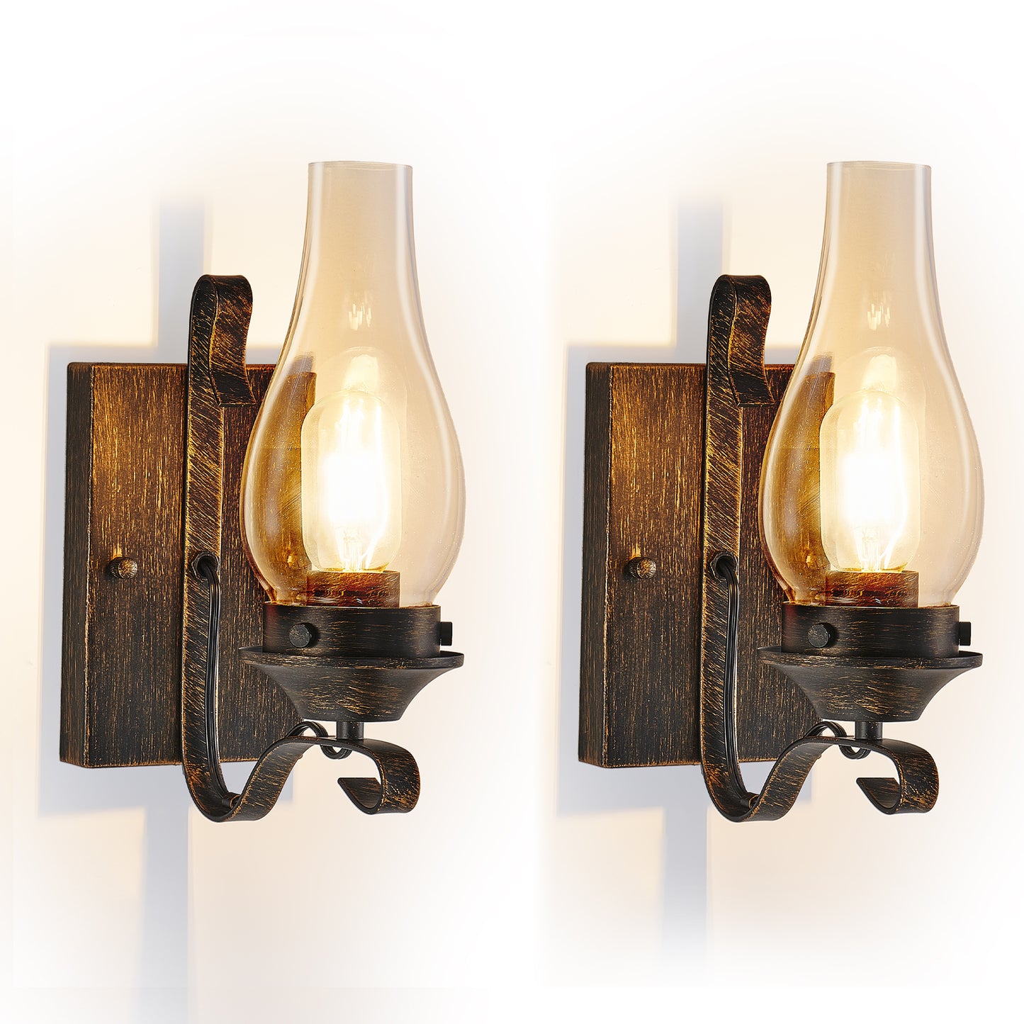 Rustic Farmhouse Wall Sconces Set of 2, Vintage Industrial Plug-in Wall Lights with Clear Glass Shade, Black and Gold Finish (Only Supports Hardwired) + (No Bulbs)