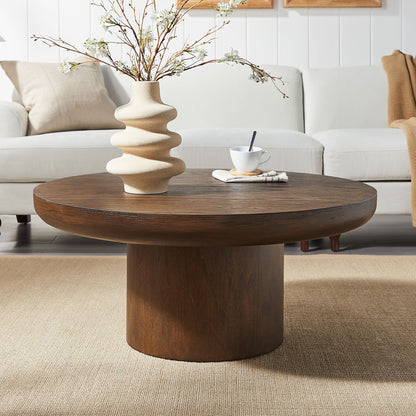 35.98inch Round Coffee Table with Cylindrical Leg,Wood Veneer Tabletop Table,Rounded Sofa Side Table for living Room Office,Brown