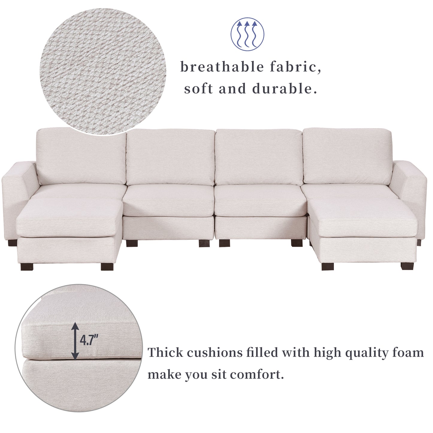 U_STYLE 3 Pieces U shaped Sofa with Removable Ottomans