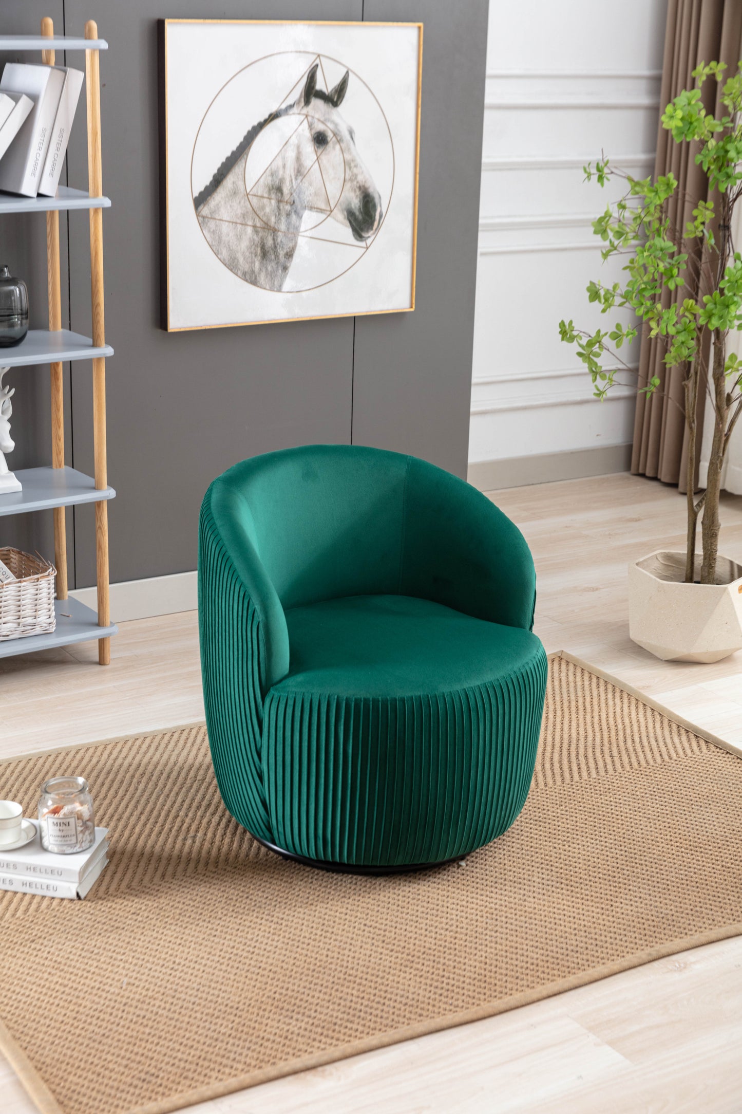 Velvet Fabric Swivel Accent Armchair Barrel Chair With Black Powder Coating Metal Ring,Green