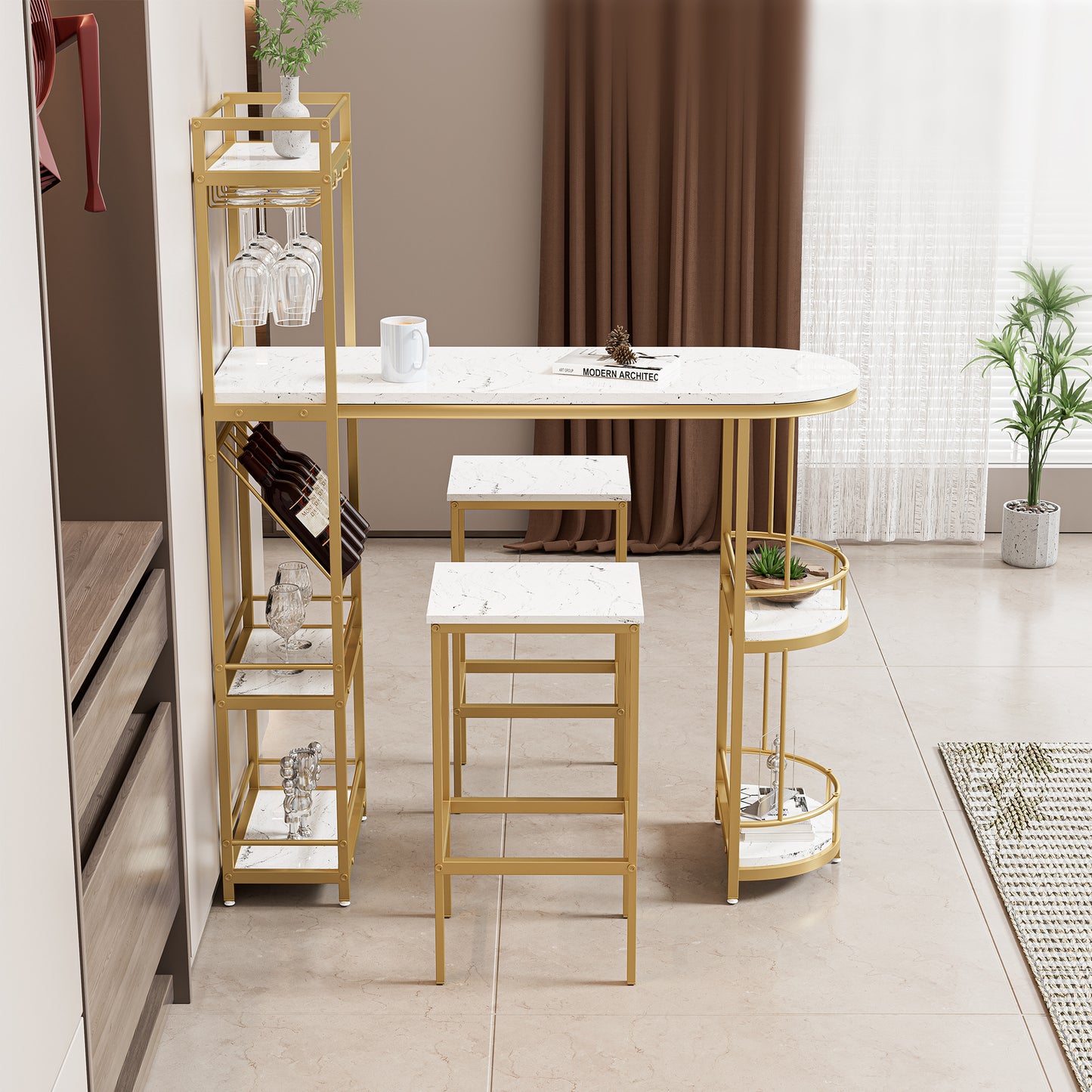 3 Pcs Bar Table and Chairs Set, Modern White Kitchen Bar Height Dining Table Wood Breakfast Pub Table with Gold Base with Shelves, Glass Rack, Wine Bottle Rack ,with 2 Bar Stools