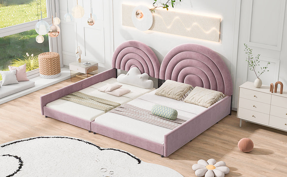 Twin+Full Upholstered Platform Bed Set with Semicircular Headboard, Pink