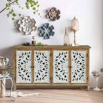 Accent Cabinet with 4 Doors, Farmhouse Sideboard Buffet Cabinet with Storage, Modern Credenza Storage Cabinet with Wood Carved Floral Doors