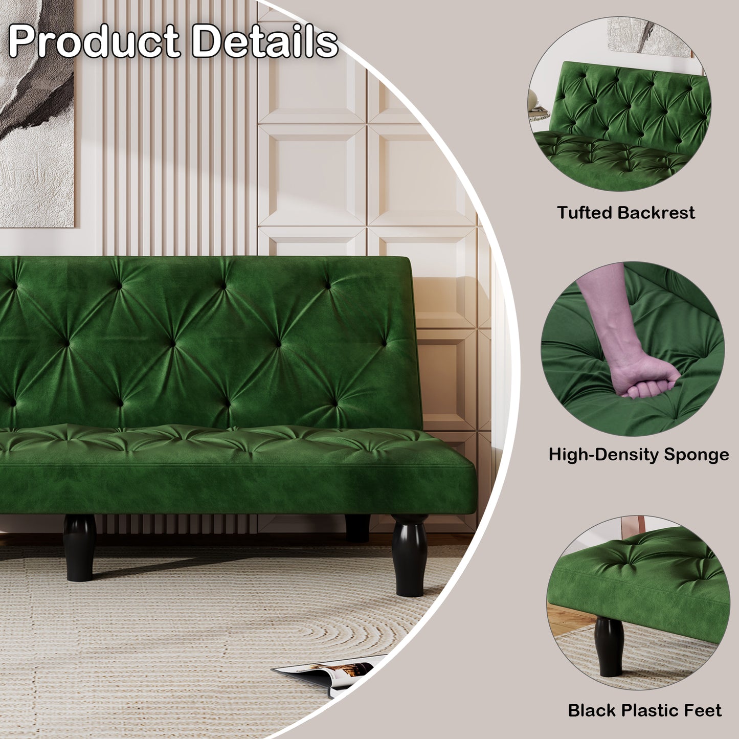 Sofa converts into sofa bed 66" green velvet sofa bed