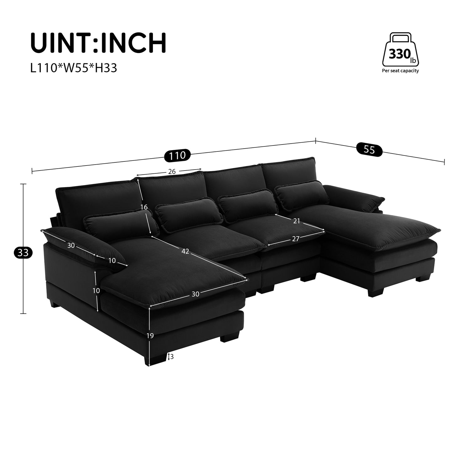 110*55" Modern U-shaped Sectional Sofa with Waist Pillows,6-seat Upholstered Symmetrical Sofa Furniture, Sleeper Sofa Couch with Chaise Lounge