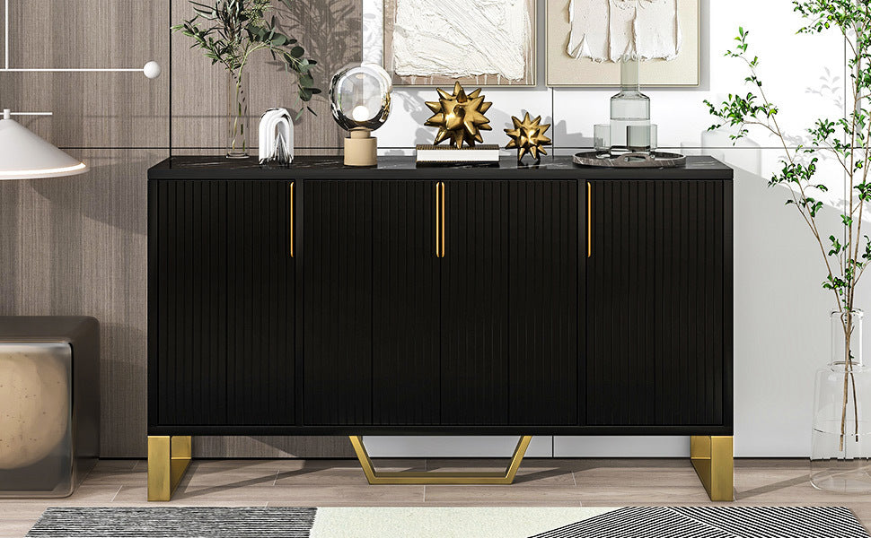 Modern sideboard with Four Doors, Metal handles & Legs and Adjustable Shelves Kitchen Cabinet (Black)