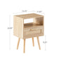15.75" Rattan End table with  drawer and solid wood legs, Modern nightstand, side table