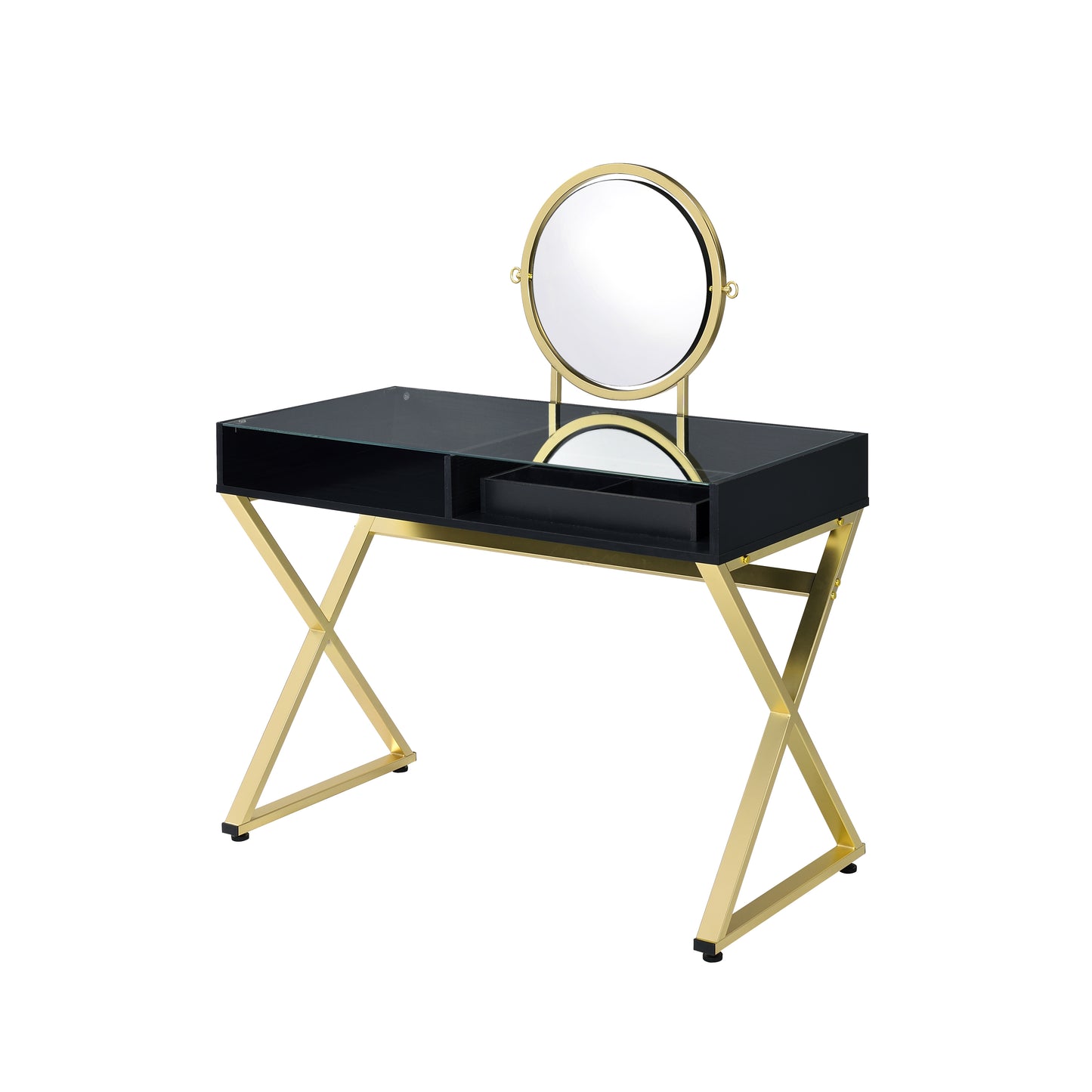 Vanity Desk w/Mirror & Jewelry Tray in Black & Gold Finish