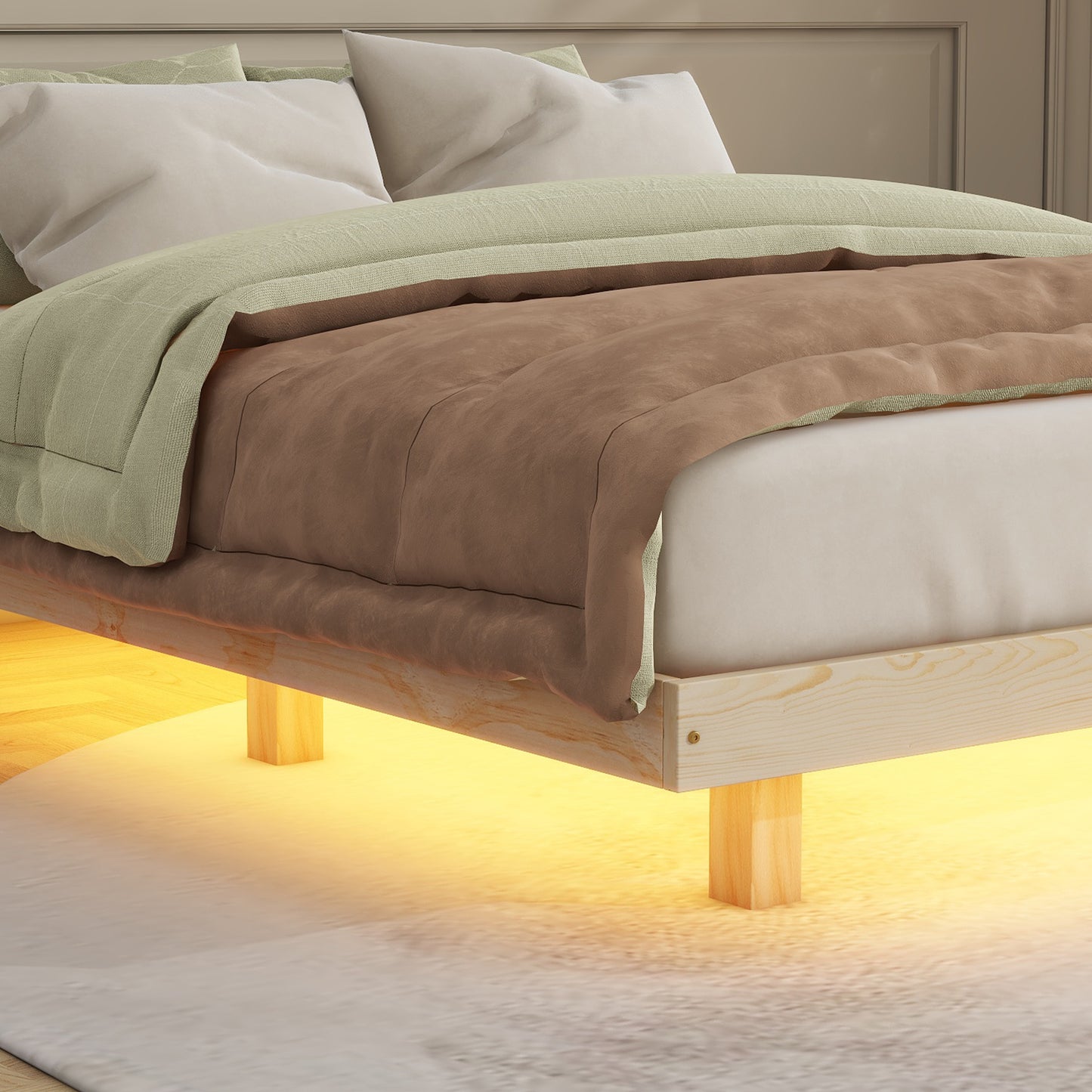 Full Size Floating Bed with LED Lights Underneath,Modern Full Size Low Profile Platform Bed with LED Lights,Natural