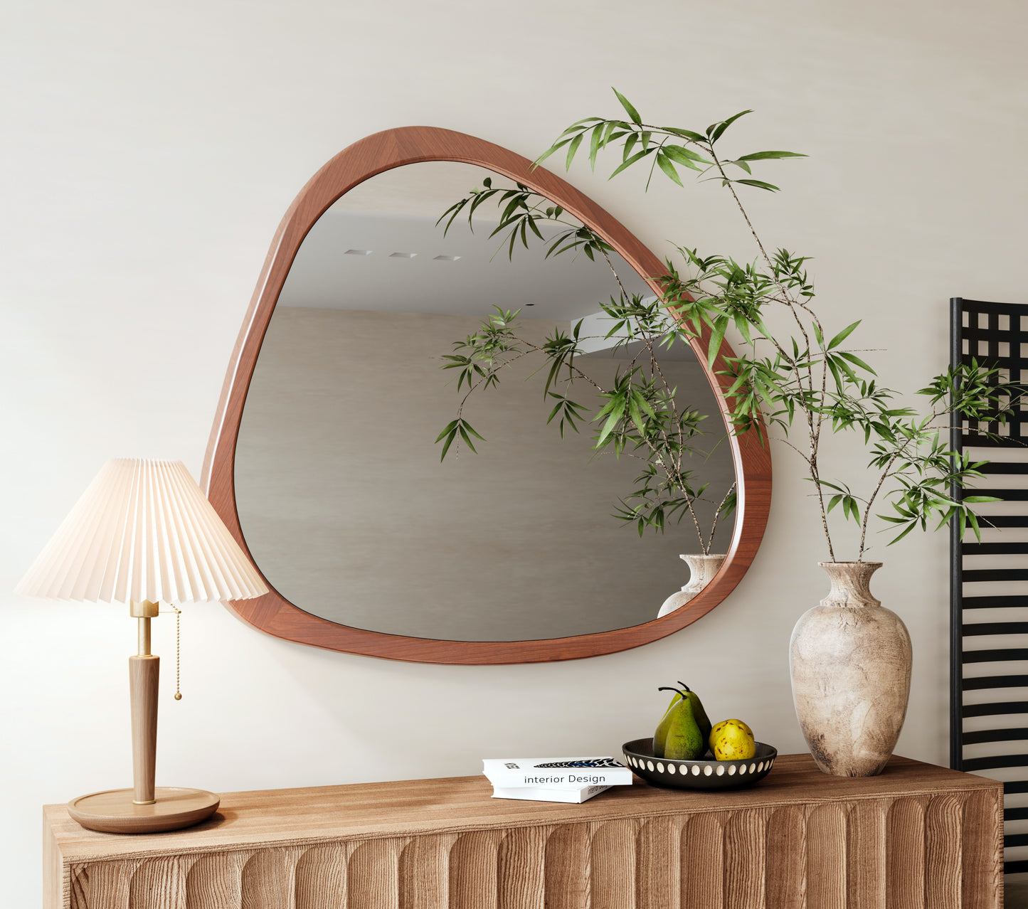 Solid Wood Mirror 45 Inch Asymmetrical Wall Mirror Wooden Framed Mirror Large Sized Dressing Mirror