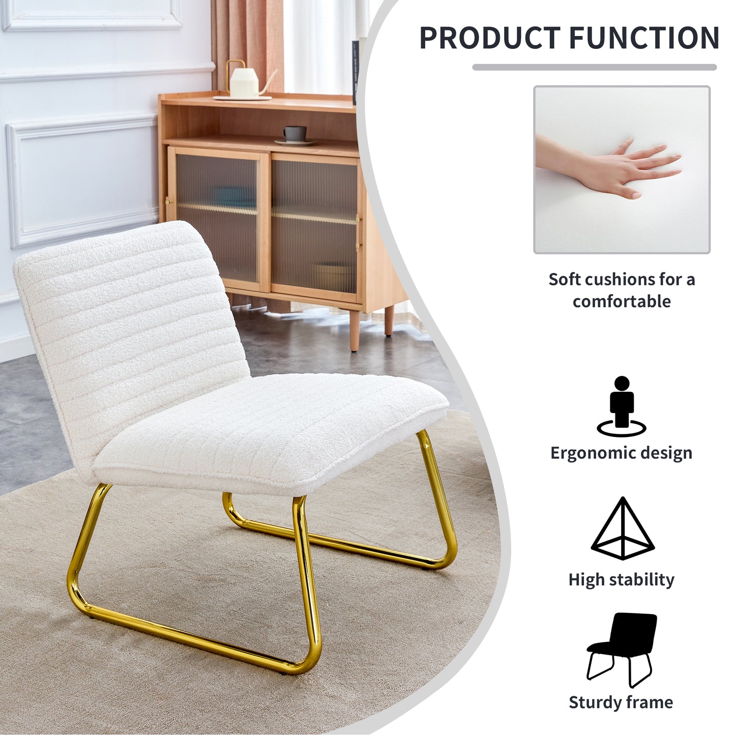 One White minimalist armless sofa chair with plush cushion and backrest paired with golden metal legs