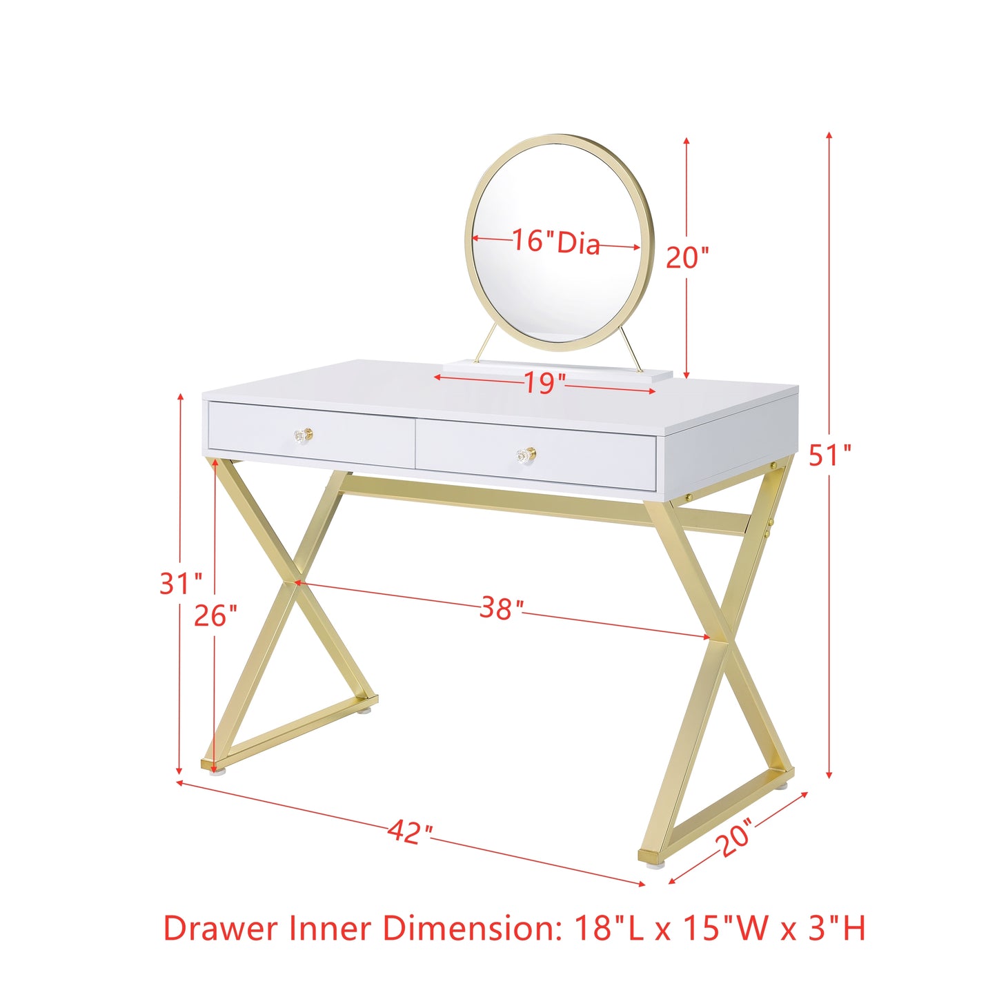 Vanity Desk w/Mirror & Jewelry Tray in White & Gold Finish