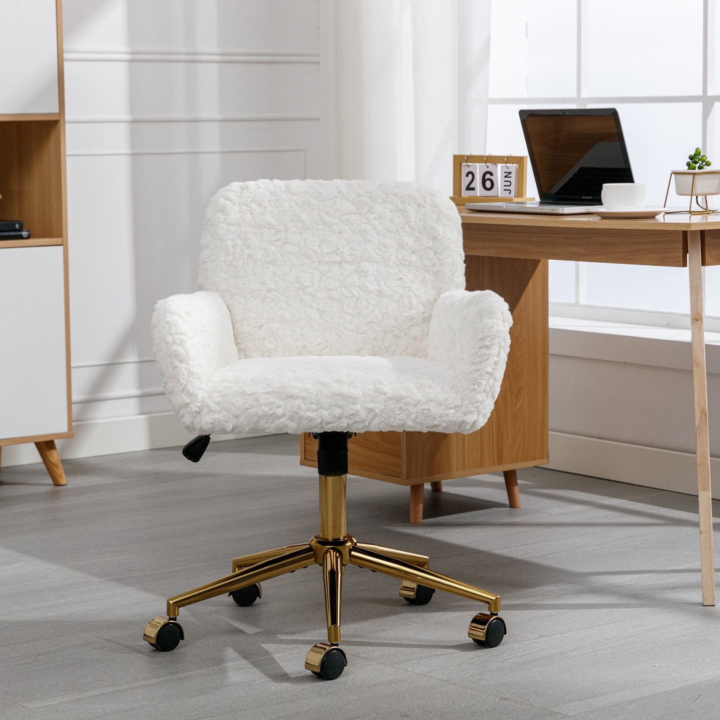 Furniture Office Chair,Artificial rabbit hair Home Office Chair with Golden Metal Base,Adjustable Desk Chair Swivel Office Chair,Vanity Chair(Beige)