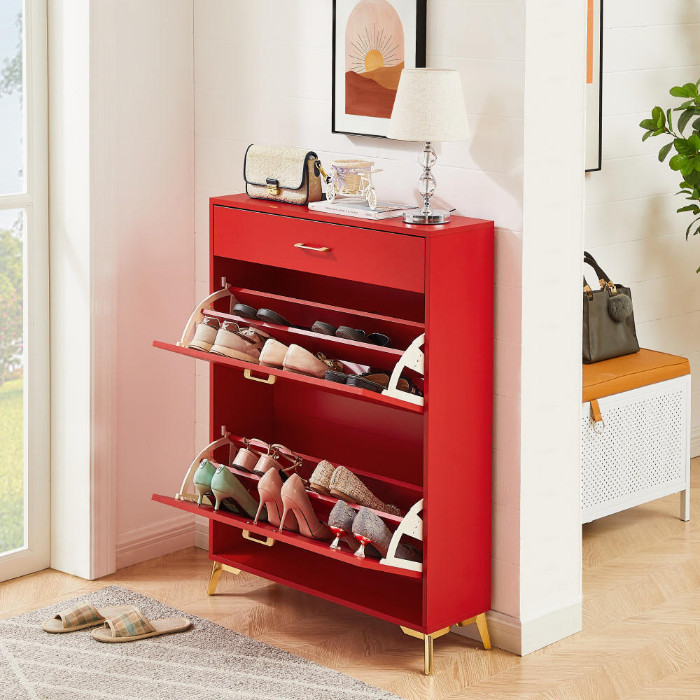 Shoe Storage Cabinet for Entryway, Free Standing Shoe Organizer with 2 Flip Drawers, Hidden Shoe Rack Storage Organizer for Doorway Hallway Closet, Red