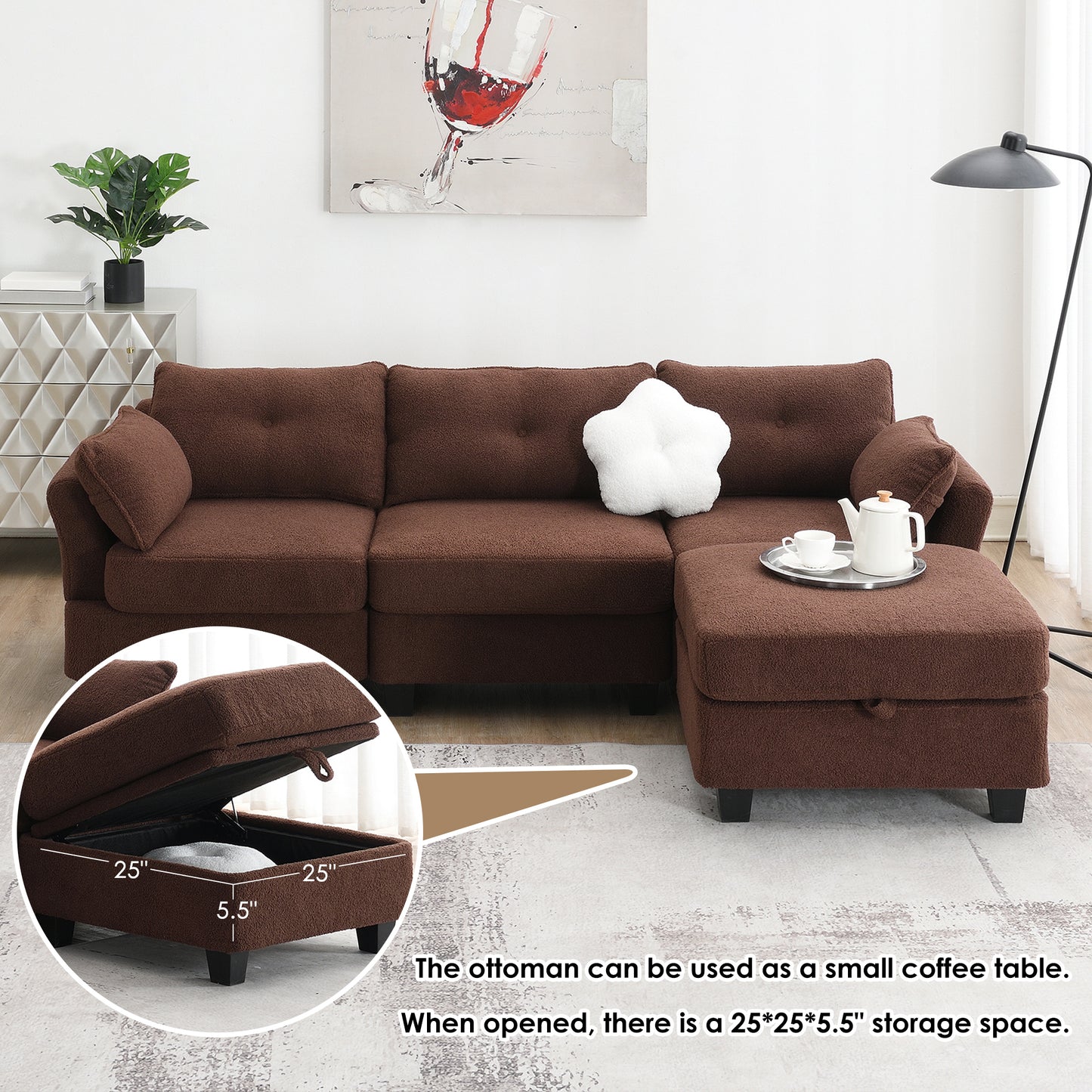 92*63"Modern Teddy Velvet Sectional Sofa,Charging Ports on Each Side,L-shaped Couch with Storage Ottoman,4 seat Interior Furniture 3 Colors(3 pillows)