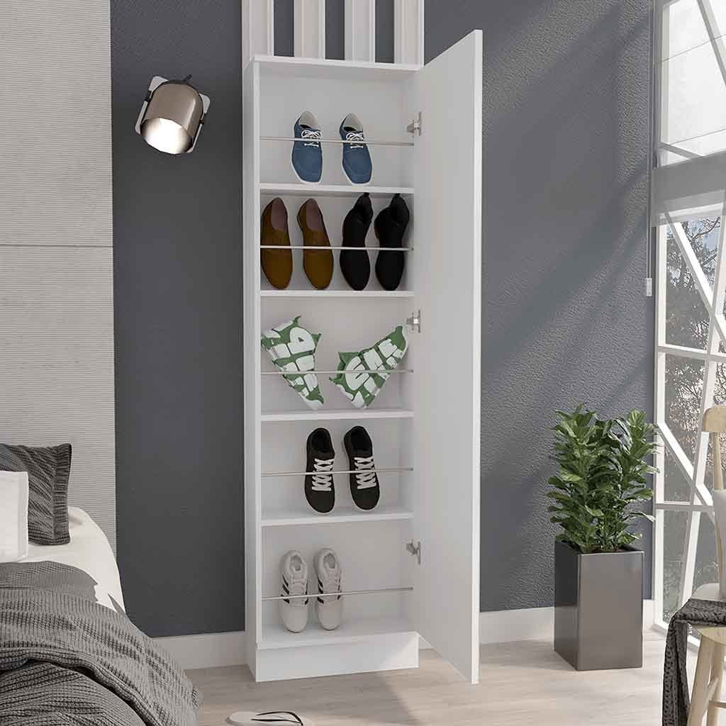 Leto Xl Shoe Rack, Mirror, Five Interior Shelves, Single Door Cabinet -White