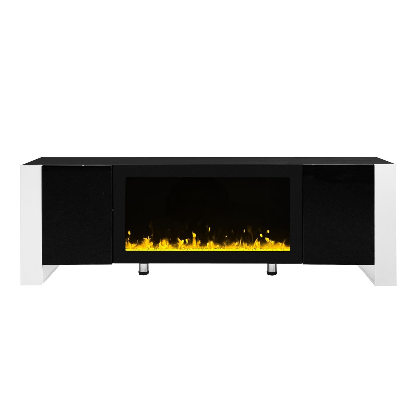 ON-TREND Modern TV Stand with 34.2" Non-heating Electric Fireplace, High Gloss Entertainment Center with 2 Cabinets, Media Console for TVs up to 78", Black