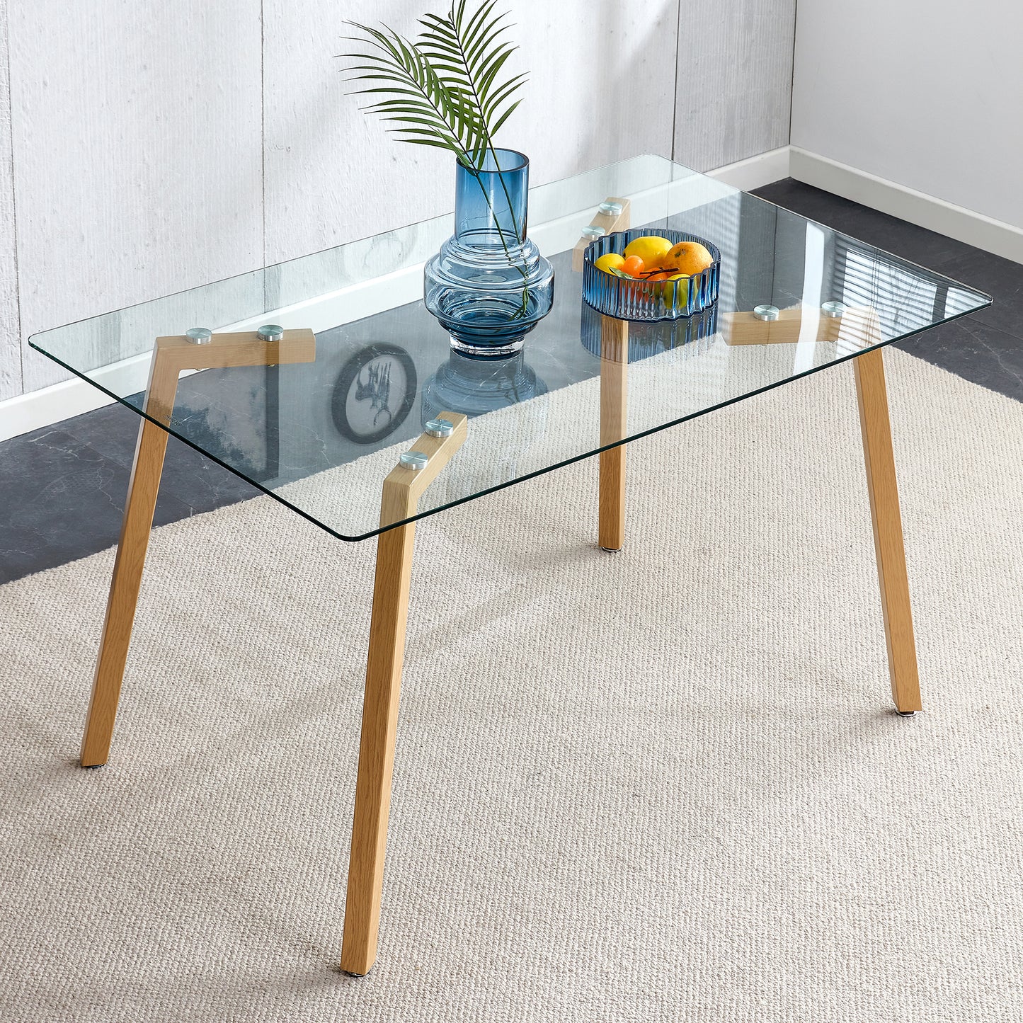 Glass dining table modern minimalist rectangle, 4-6, 0.31 "tempered glass tabletop with wooden coated metal legs, writing desk