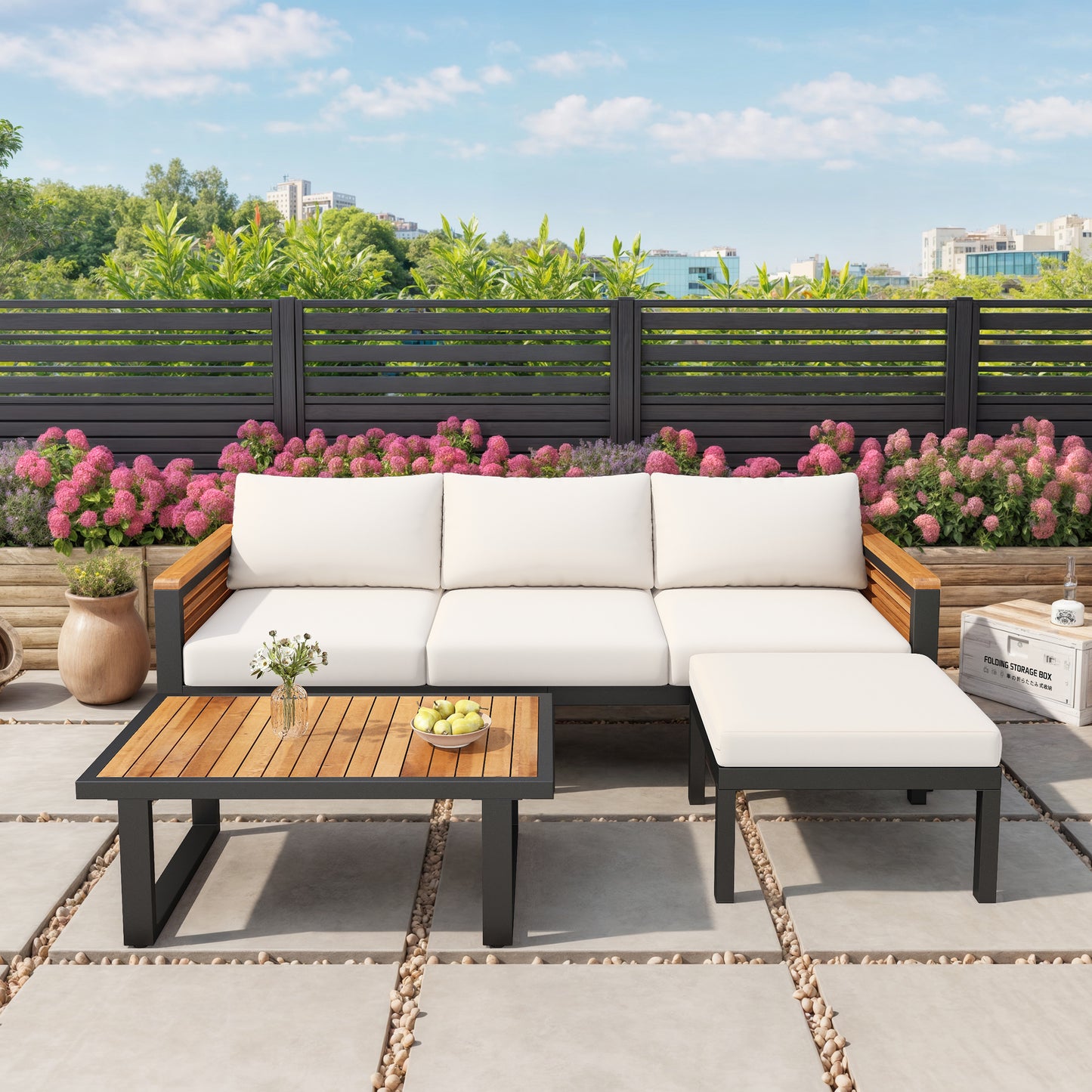 Outdoor 3-piece Acacia Wood and Metal Patio Sofa Set