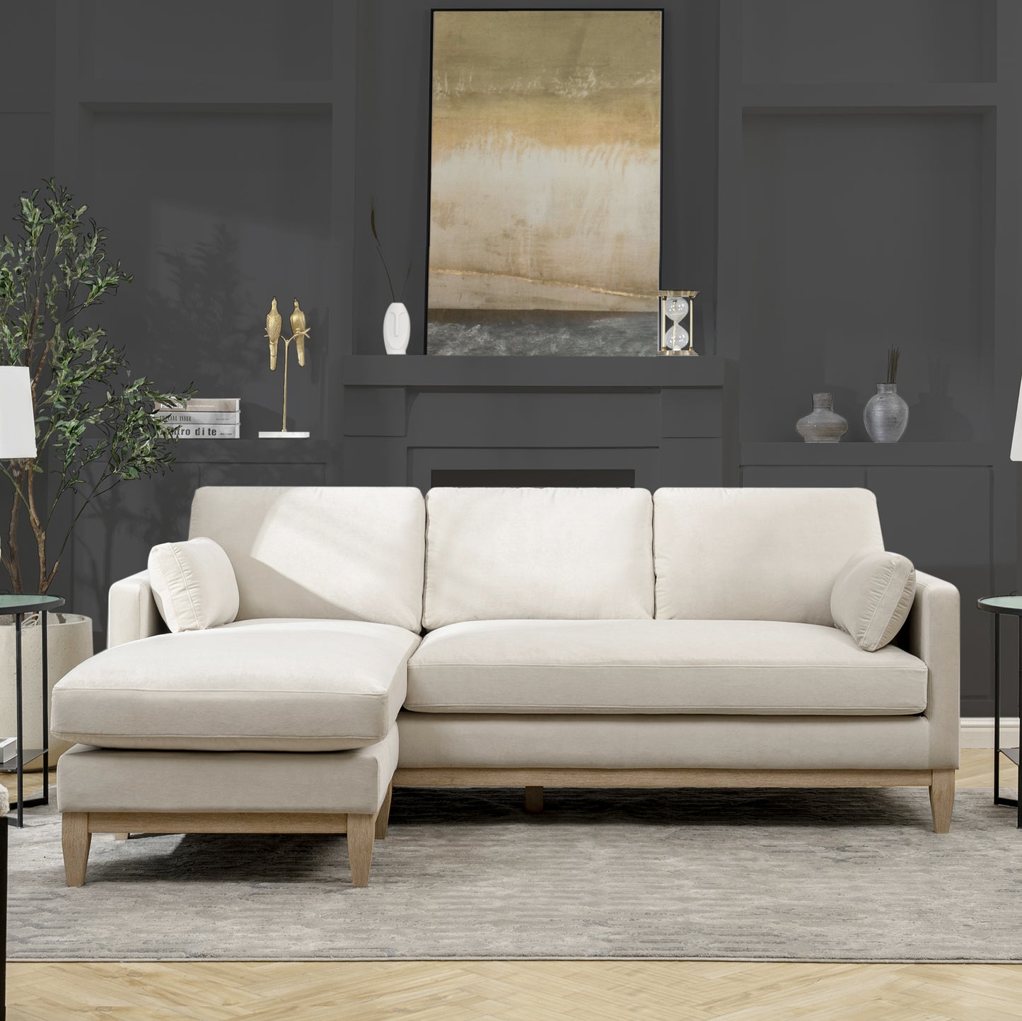 Knox 89' Modern Farmhouse Reversible Chaise Sectional Sofa, French Beige Performance Velvet