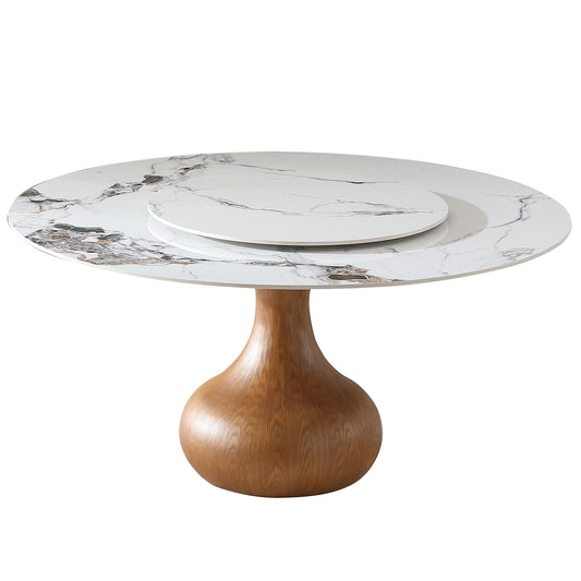 Modern Round Sintered Stone Dining Table 53' with Lazy Susan in Walnut and White, Wood Frame with Premium Marble Look Top