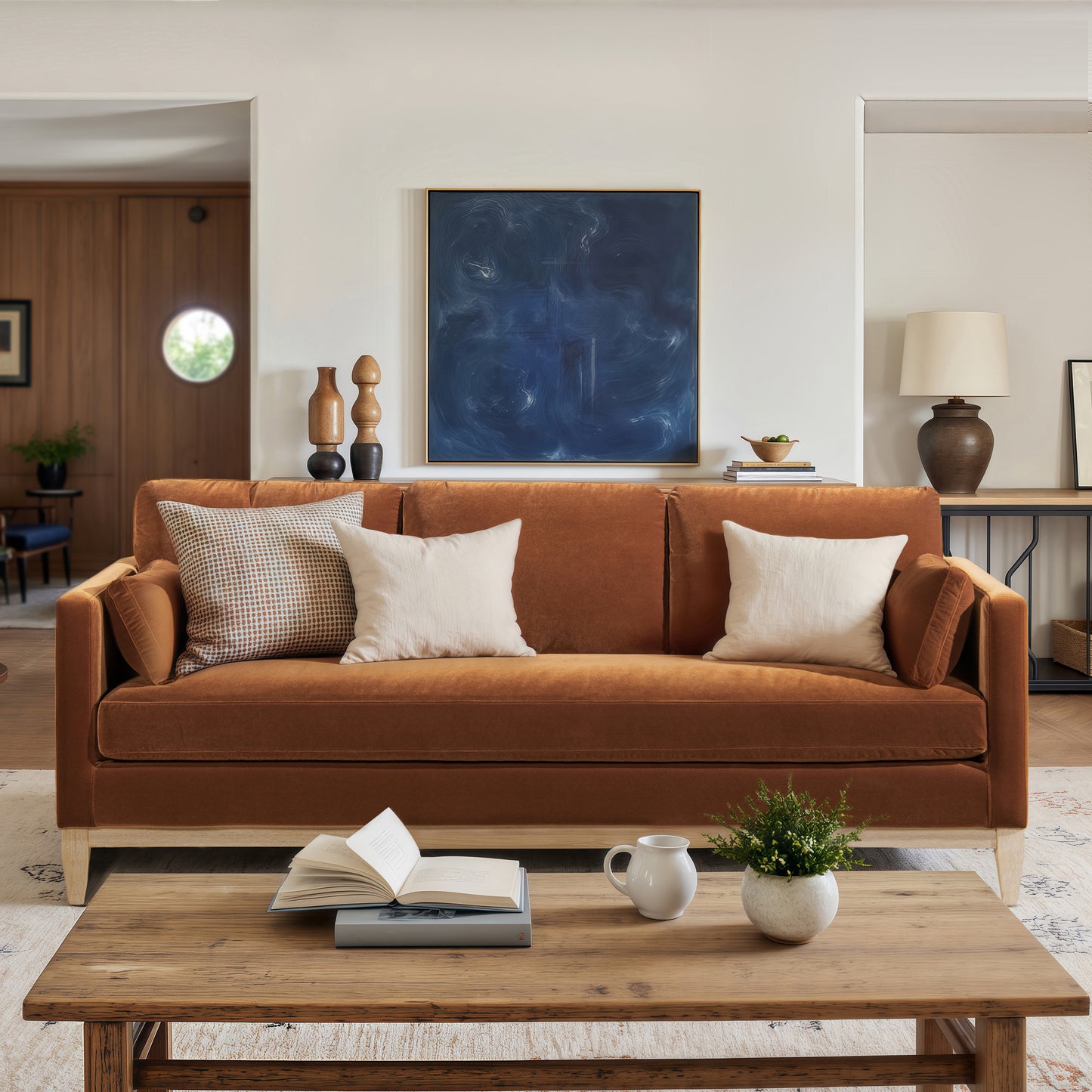 Knox 84' Modern Farmhouse Sofa, Burnt Orange  Performance Velvet