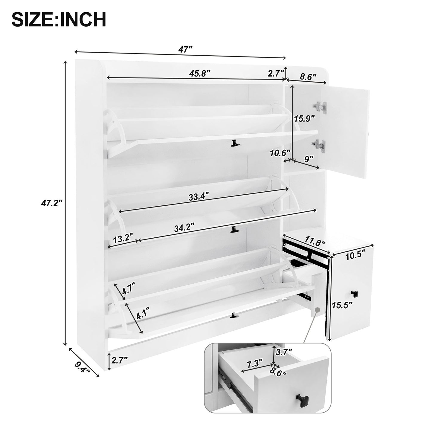 ON-TREND Versatile Shoe Cabinet with 3 Flip Drawers, Maximum Storage Entryway Organizer with Drawer, Free Standing Shoe Rack with Pull-down Seat for Hallway, White