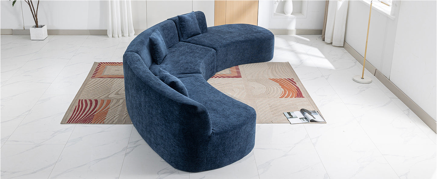 136.6" Stylish Curved sofa Sectional Sofa Chenille Fabric Sofa Couch with Three Throw Pillows for Living Room, Blue