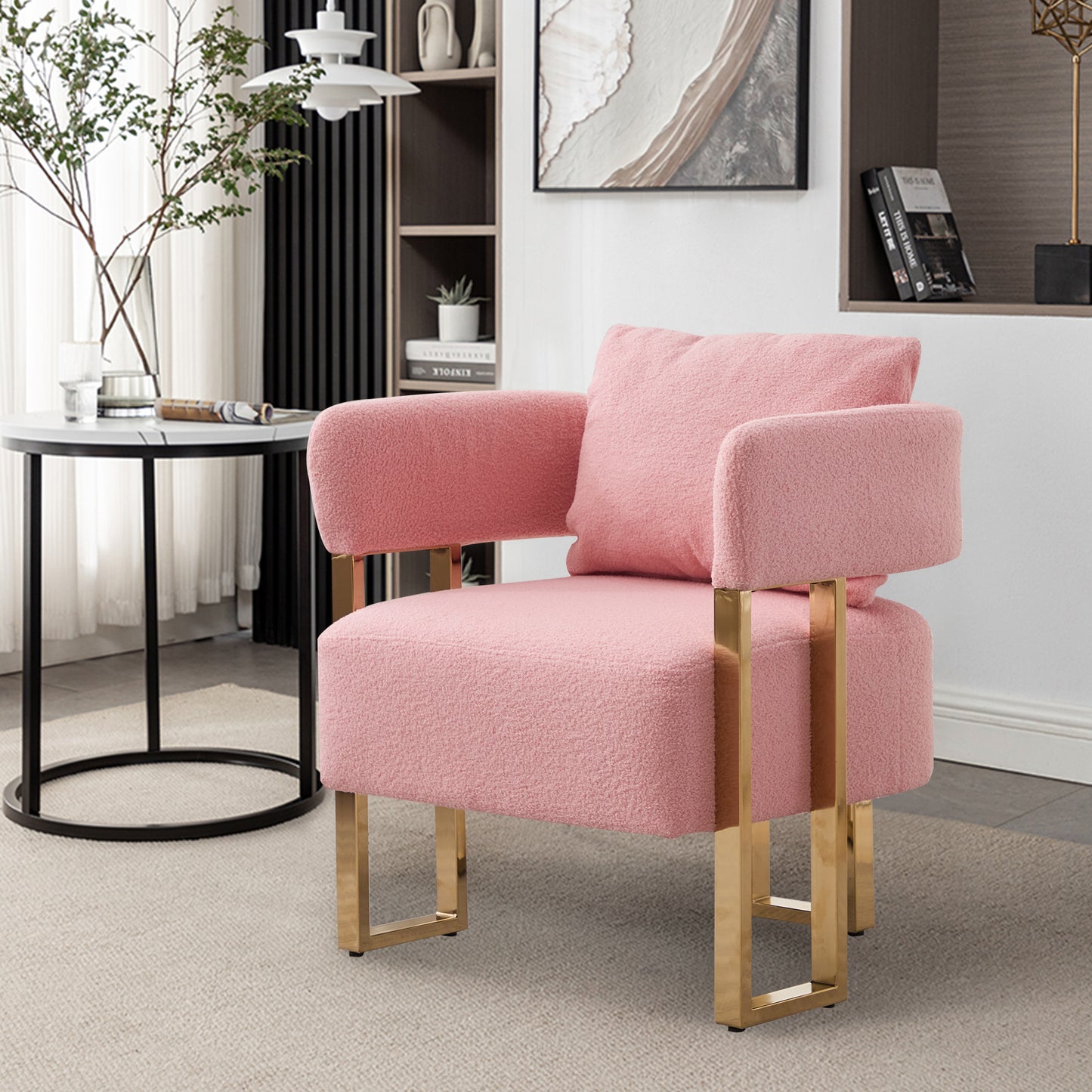 TS Modern decorative chair, living room side chair with gold metal legs, Teddy fleece upholstered metal foot sofas 2PCS Pink