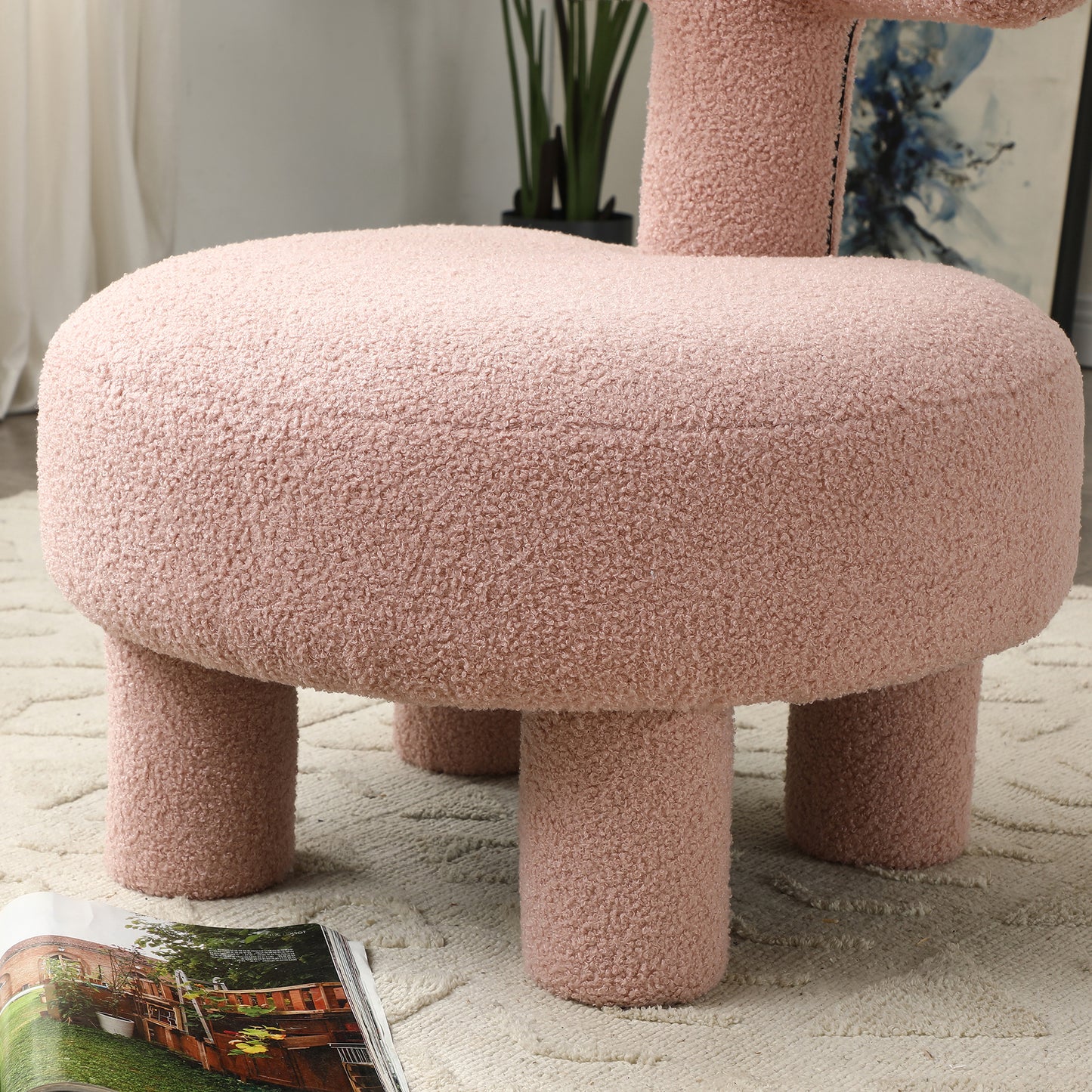 24.4" Width Modern Sherpa Fabric Chair Upholstered Creative Ottoman Pouf Fuzzy Sofa Footrest Stool Reading Chair Kids Furniture Chair