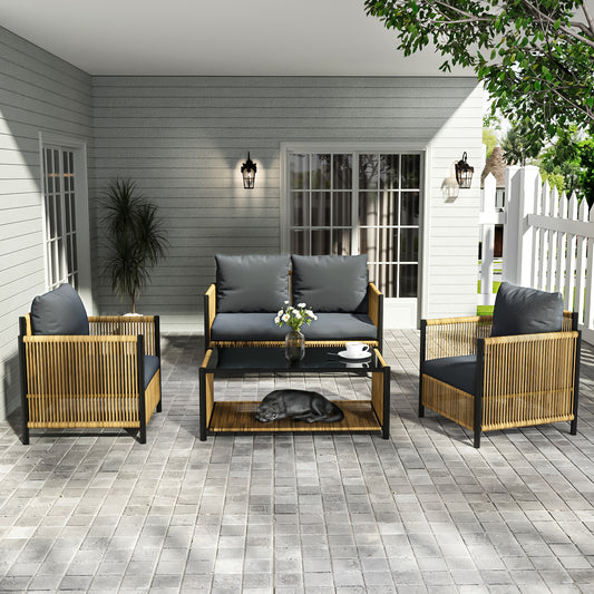 OUTDOOR Patio 4 Pieces Brown PE Wicker Sofa Set with Grey Cushion