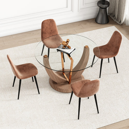 A modern minimalist round tempered glass dining table with a diameter of 48 inches. Glass desktop+MDF wood grain table legs and base. A set of 4 cushioned chairs 48 * 48 '' * 30 ''   DT-908  B0501A