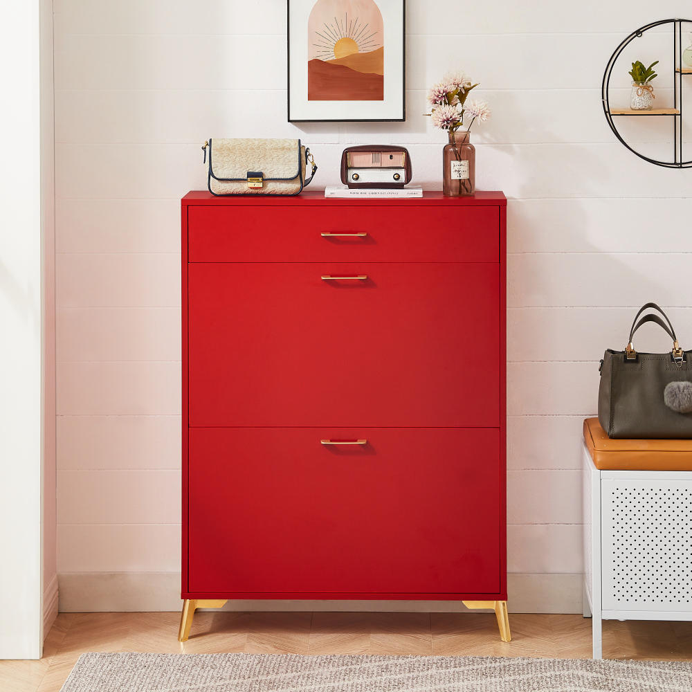 Shoe Storage Cabinet for Entryway, Free Standing Shoe Organizer with 2 Flip Drawers, Hidden Shoe Rack Storage Organizer for Doorway Hallway Closet, Red