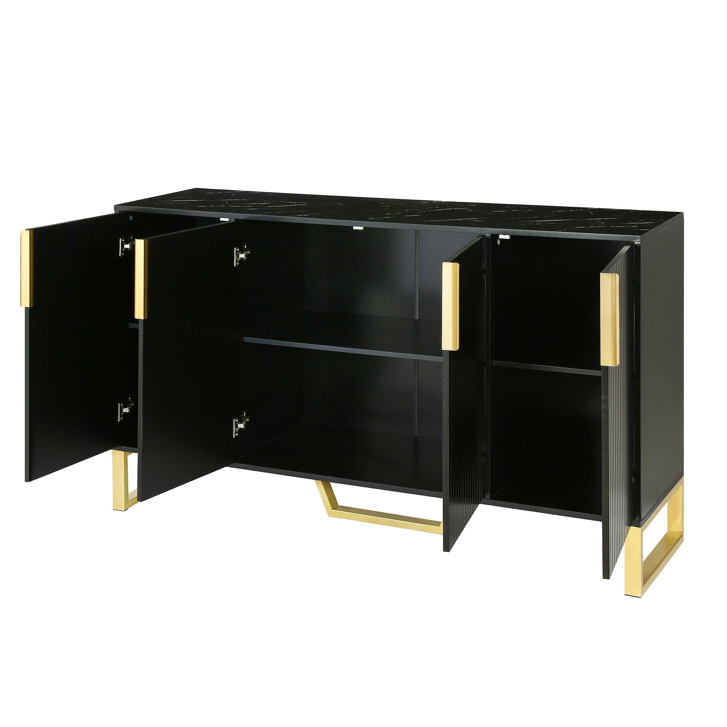 Modern sideboard with Four Doors, Metal handles & Legs and Adjustable Shelves Kitchen Cabinet (Black)