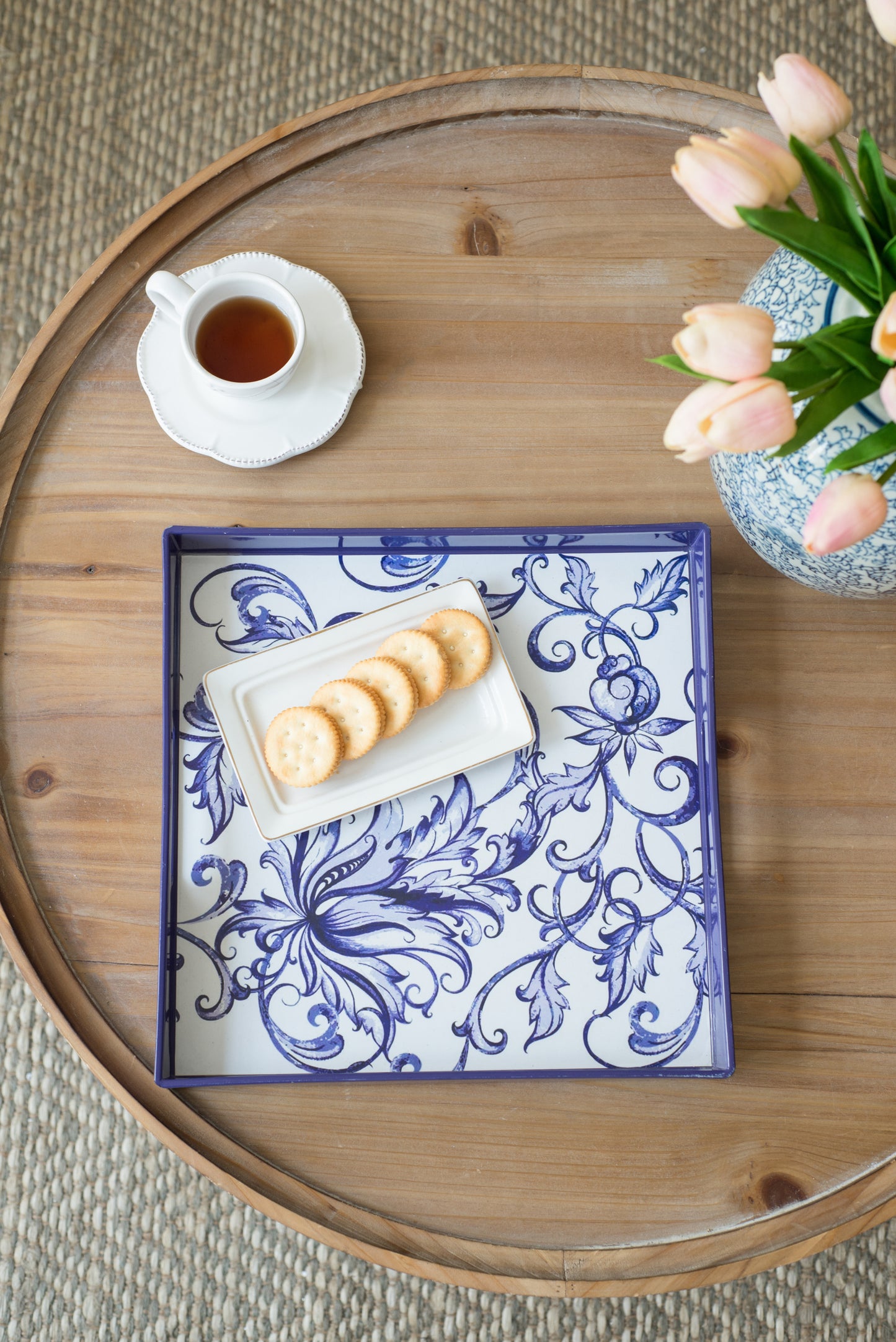 Set of 2 Decorative Trays with Floral Painting, Blue Serving Tray with Handles