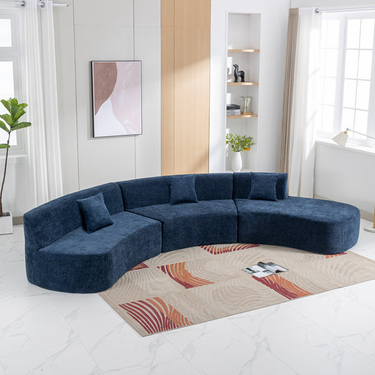 136.6" Stylish Curved sofa Sectional Sofa Chenille Fabric Sofa Couch with Three Throw Pillows for Living Room, Blue