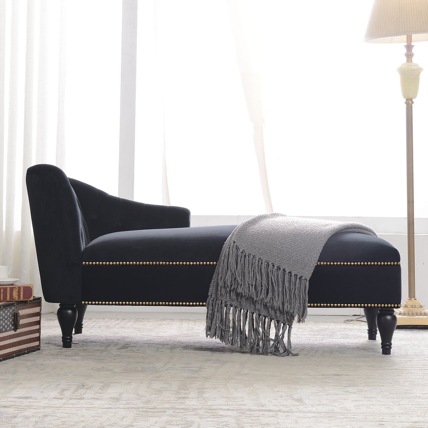 58''Velvet Chaise Lounge,Button Tufted Right Arm Facing Lounge Chair with Nailhead Trim & Solid Wood Legs