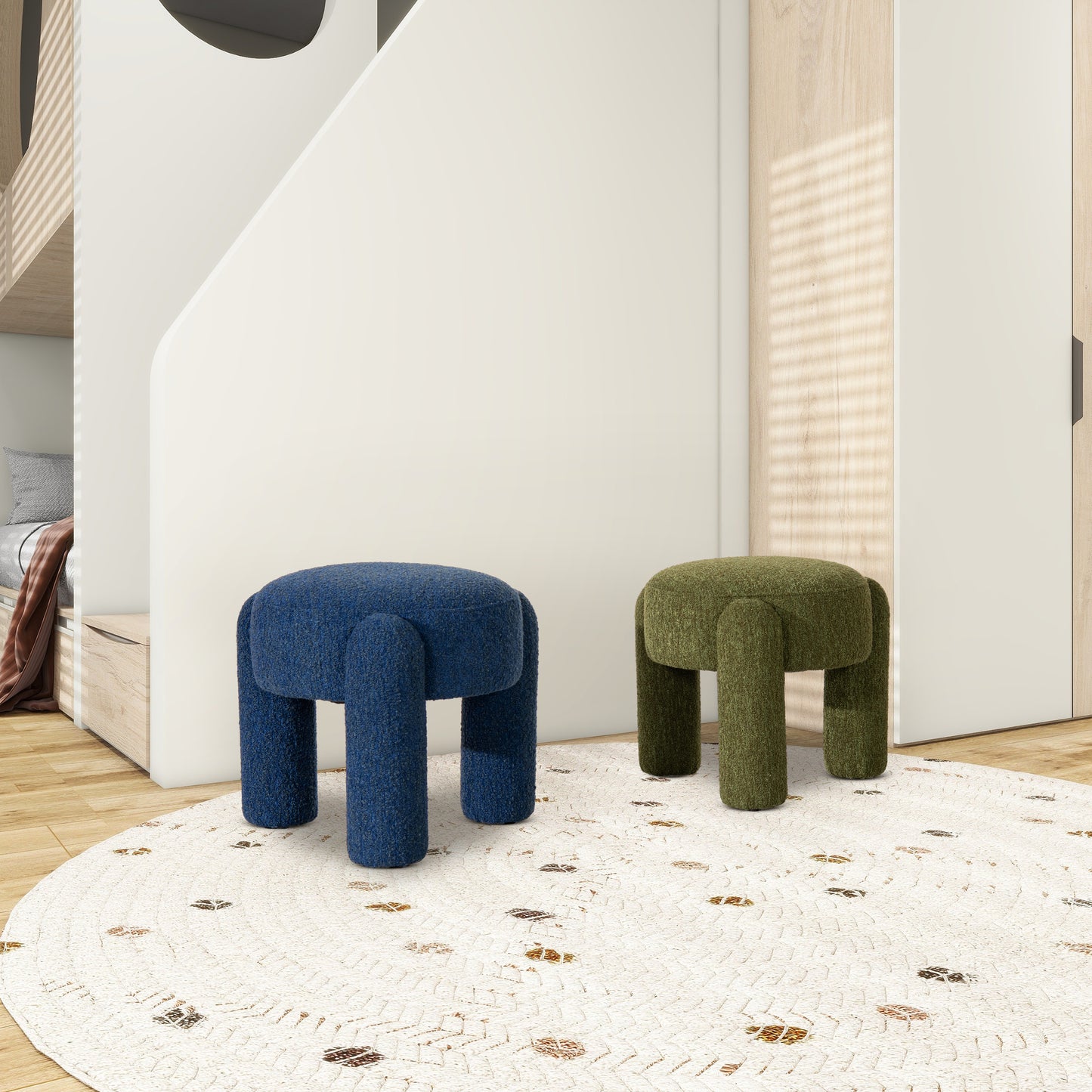 Hugo 20.5' Round Fully Upholstered Ottoman, Cerulean Blue Boucle