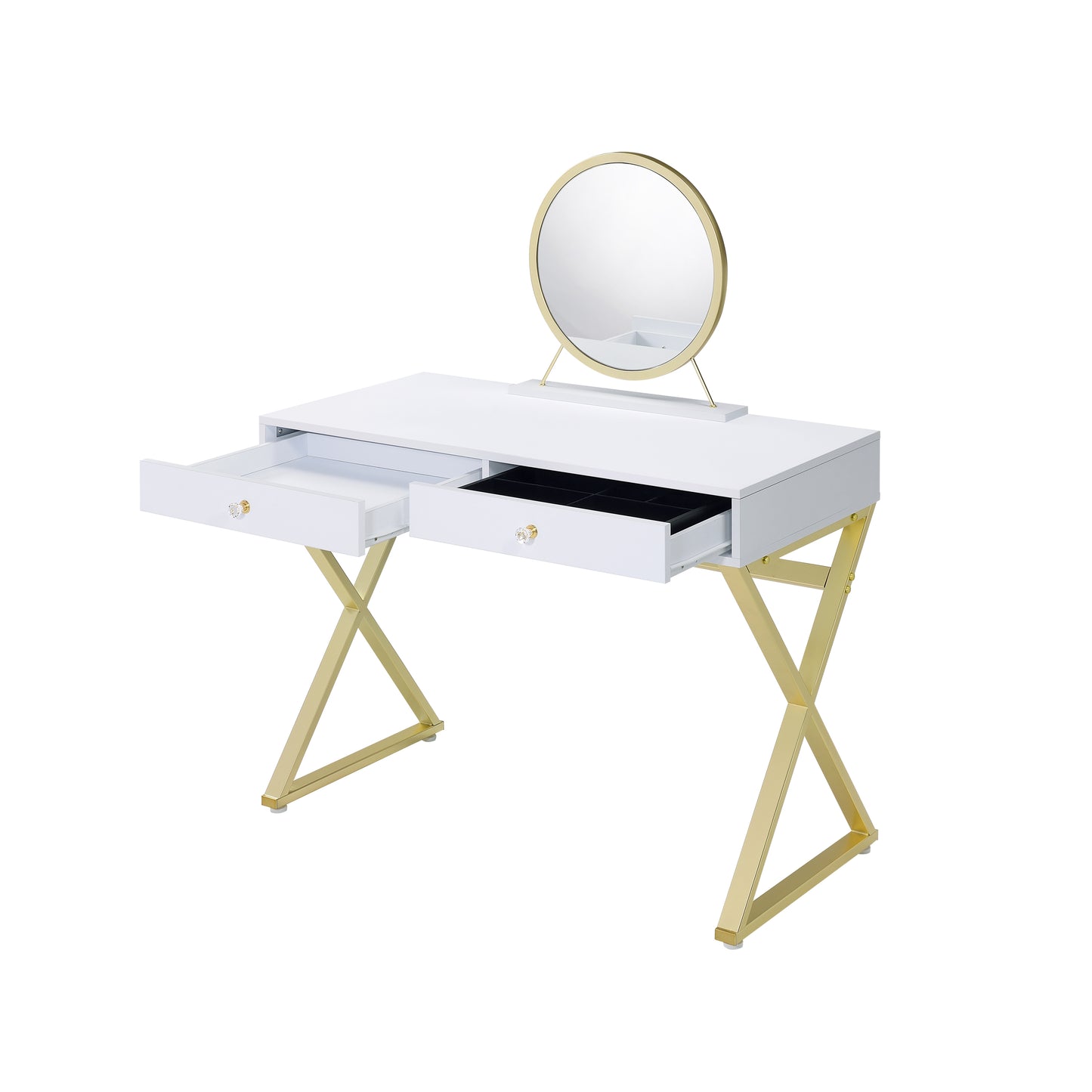 Vanity Desk w/Mirror & Jewelry Tray in White & Gold Finish