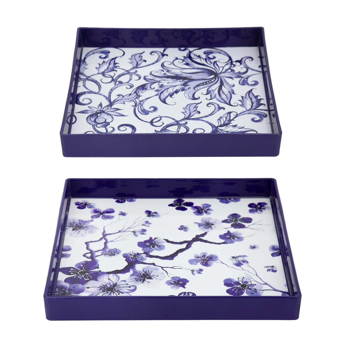 Set of 2 Decorative Trays with Floral Painting, Blue Serving Tray with Handles