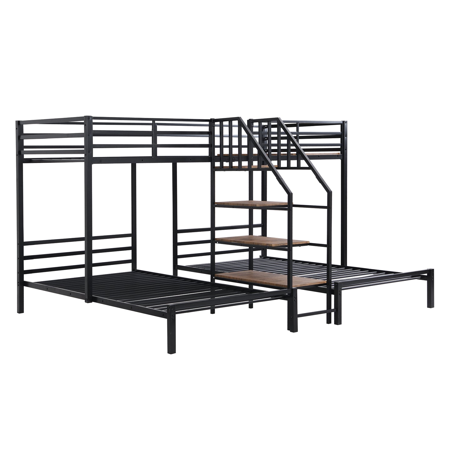 Metal Twin over Twin & Twin Bunk Bed, Triple Bunk Bed with Storage Shelves Staircase, Black